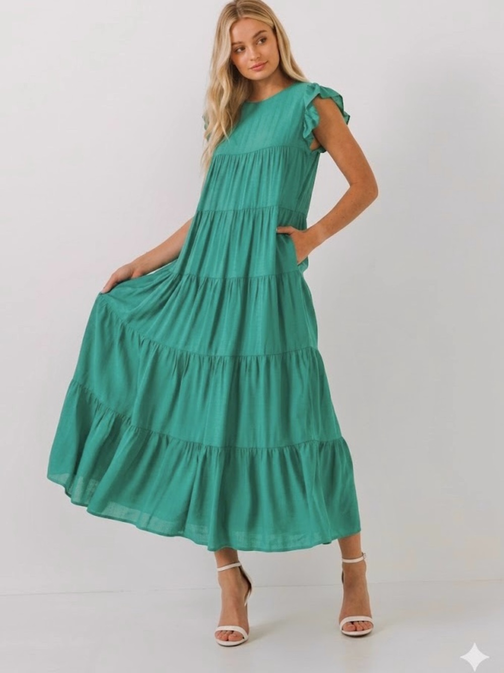 English Factory Anthropologie Tiered Maxi Dress Flutter Sleeve Bow Back Jade Med